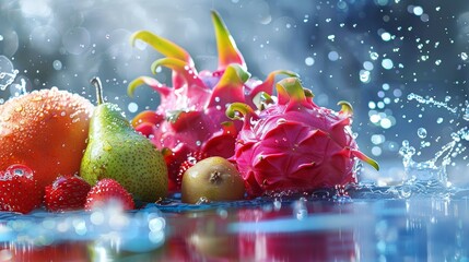 Spectacular display of exotic fruits with water droplets and dynamic splash in vivid colors