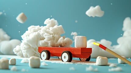 A red toy wagon is filled with fluffy white clouds and pulled by a single lit match. - obrazy, fototapety, plakaty