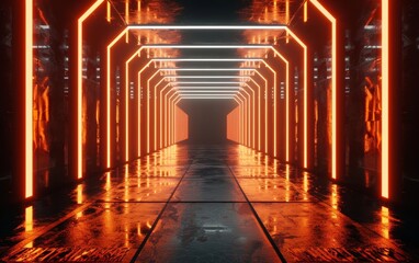 A spectacular futuristic corridor with glowing orange walls and parallel geometric lines, creating an otherworldly and cinematic atmosphere.