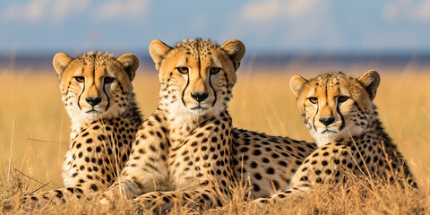 Three young leopards are resting in the grass. Kenya National Park.