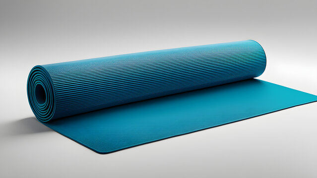 A yoga mat on a solid color background, promoting healthy living and exercise concepts