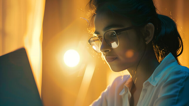 Recruitment Concept Indian Asian Girl Browsing Work Opportunities Online Using Job Search App or Website on Laptop Copy Space : Generative AI