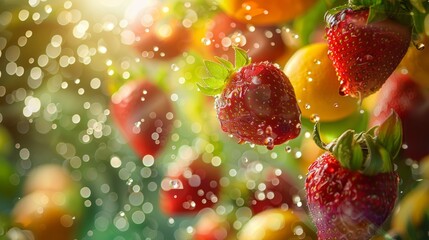Juicy strawberries splashing among vibrant citrus fruits in a summer delight - obrazy, fototapety, plakaty