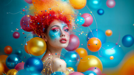 portrait of a beautiful red-haired woman with colorful makeup, with flying balloons