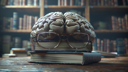 Concept of knowledge, philosophy education with book and human brain. Human brain is learning from a book in library. Science, lifestyle, education concept.Generative ai. - obrazy, fototapety, plakaty