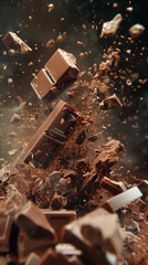 Chocolate explosion as a bar breaks into pieces, the shards and dust captured at high speed, frozen in an energetic, majestic scene with vivid colors