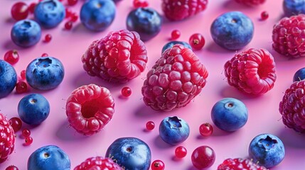 Blueberries and raspberries displayed on a vibrant background