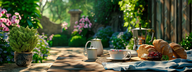 breakfast on the table in the garden. selective focus. - obrazy, fototapety, plakaty