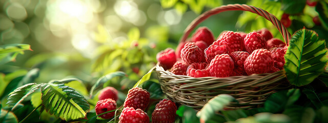 raspberries in a basket in the garden. selective focus. - obrazy, fototapety, plakaty