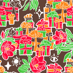 Gift box, ribbon and flowers seamless pattern for wrapping present with bow, party celebration, sale promotion, Textile print, fabric design, banner background. Hand drawn illustration cartoon style.