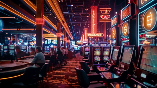 A vibrant, neon-lit casino scene bustling with activity, where all gaming activities are centered around Bitcoin. The atmosphere is charged with a futuristic vibe, highlighted by holographic Bitcoin s