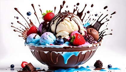 Delicious berries and chocolate exploding bowl of ice cream, on isolated white background, ice cream sundae, food stock images, best selling	