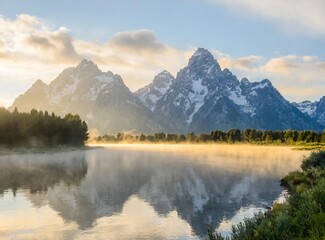 Landscape view of the sunrise in Grand Teton National Park as seen from Oxbow Bend Wyoming