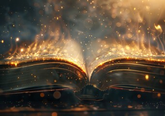 Open book with glowing pages and light ray fantasy. Generate AI image