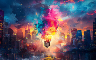 A light bulb exploding into a dazzling array of colors, illuminating the surrounding space with an explosion of creativity and inspiration