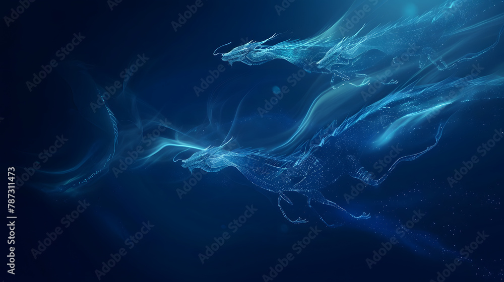 Fototapete Abstract flying dragons on a dark blue background Technological background for design on the topic of artificial intelligence neural networks big data Copy space : Generative AI