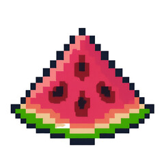 Illustration of 8 bits pixel art of watermelon in white background is represent as retro gaming element.