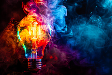 A light bulb exploding into a dazzling array of colors, illuminating the surrounding space with an explosion of creativity and inspiration - obrazy, fototapety, plakaty