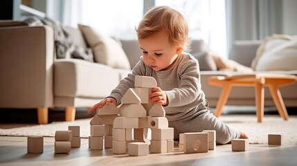 Baby plays with wooden constructor, educational toys on a white background. Early childhood development, safe paints for toys concept