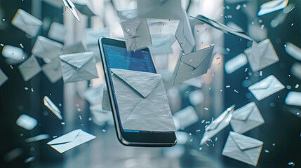email clutter and spam concept with envelopes flying above smartphone - obrazy, fototapety, plakaty
