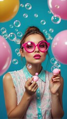 Fashionable young woman blowing soap bubbles, wearing a stylish turquoise pink jacket on a pink turquoise background with airy soap bubbles. The concept of fashion, style, lightness, youth.