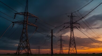 Electric Power Lines at Sunset - Energy Infrastructure - Vibrant Sky - Technological Grid - obrazy, fototapety, plakaty