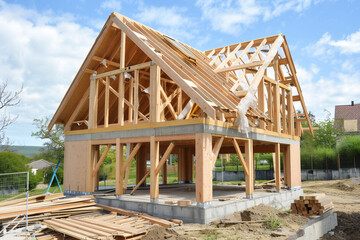 Construction of wooden frame house, assembly of frame house, warm and ecological modern house
