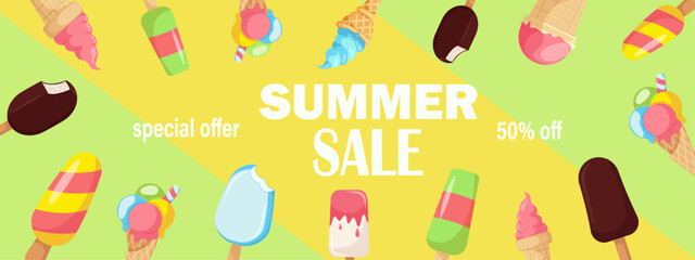 Summer Sale ice cream banner on geometric background. 50 percent discount poster. Summer sale design. Invitation for shopping, special offer card, template design for promotions