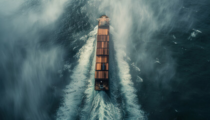 Ocean large container ship in the port unloading, top view - obrazy, fototapety, plakaty