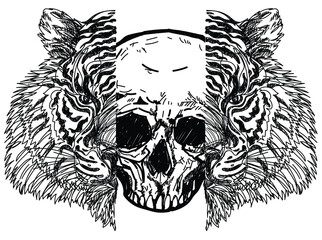 Tattoo art tiger and skull pattern drawing and sketch black and white