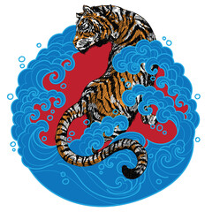 Tattoo art Tiger in the blue water