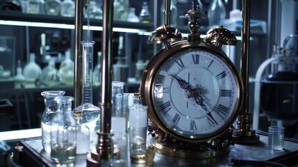 Fototapeta premium A team of scientists work feverishly in a laboratory their eyes fixed on a clock counting down the seconds until a crucial experiment must be completed. The race against time intensifies .