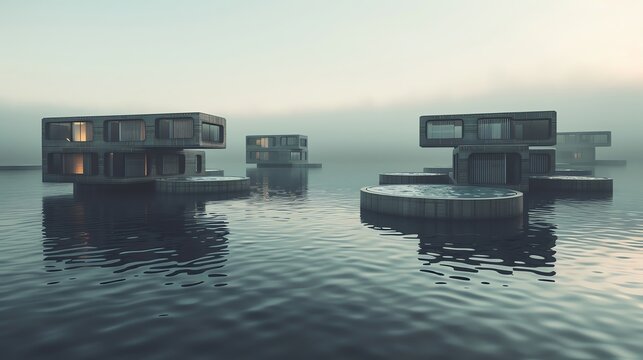 Modular floating cities, interconnected pods on water, misty oceanic abstract, wide angle