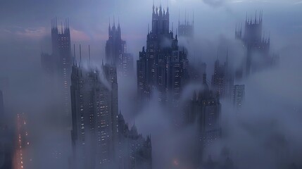 Phantom architecture, ghostly buildings emerging from mist, twilight hues, angled wide shot