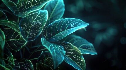 Cyberorganic hybrid plants, luminescent leaves, dark moody background, closeup