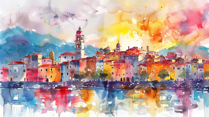 Watercolor painting of vibrant watercolors, bright colors, beautiful cityscape in italy with buildings and a church tower on the left side, reflection on sea, Generative AI