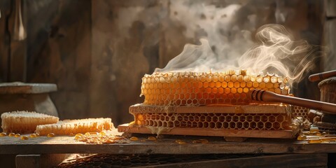 Honeycomb with honey drips and a wooden dipper on a rustic table, warm sunlight illuminating the scene - obrazy, fototapety, plakaty
