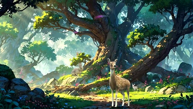 deer in forest isolated in forest with foggy tree background