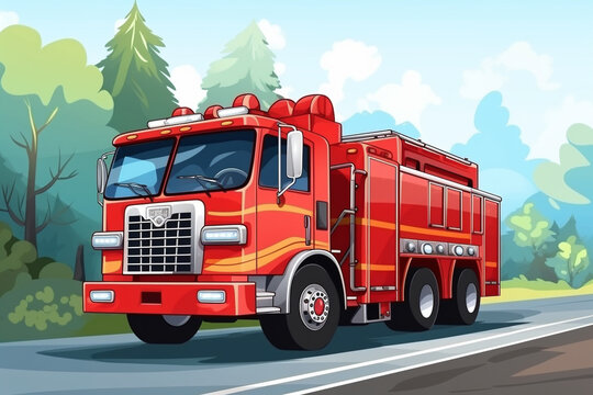 Fire truck. Cartoon illustration. A car with firefighters.