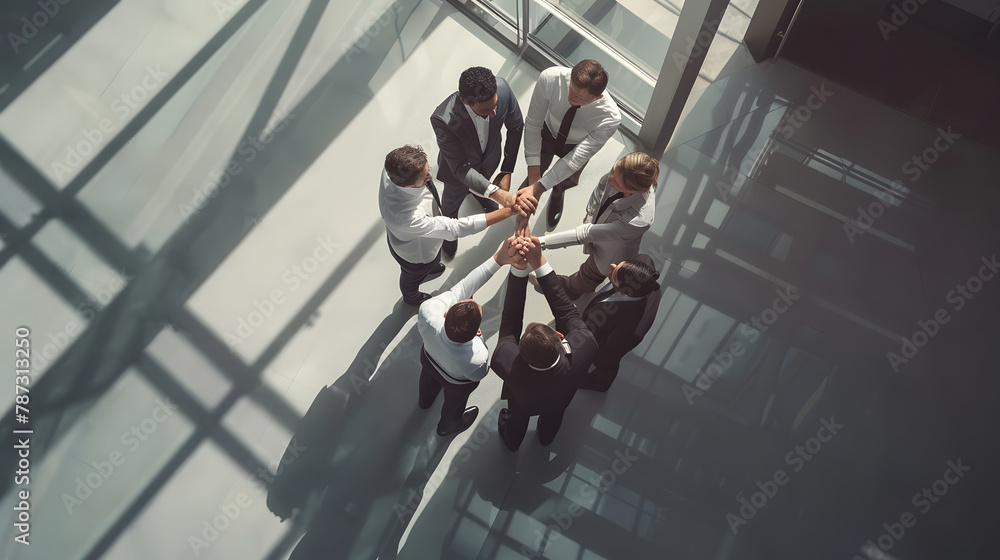 Poster high angle view of a team of united businesspeople standing with their hands together in a huddle in