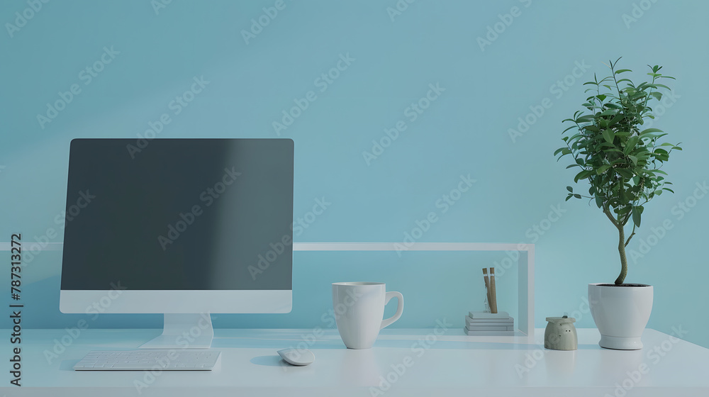 Poster Close up view of creative workspace with blank screen computer mug tree pot and copy space on white table with shelf on light blue wall : Generative AI