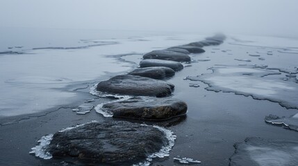 Stones trapped within the frozen lake