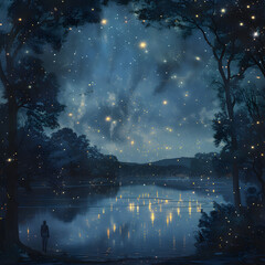 Twilight Serenade: Reflective Lake under a Starlit Sky with Fireflies
