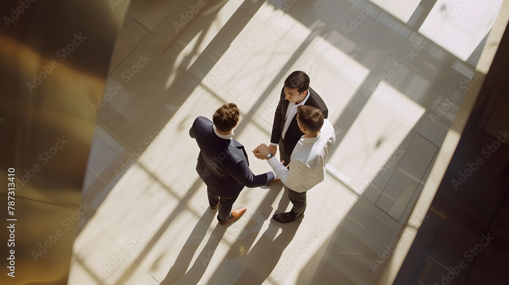 Poster business men shaking hands finishing up a meeting top view with copy space : generative ai