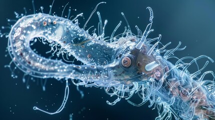 A microscopic image of a hydra a tiny freshwater predator with its tentacles extended and ready to catch prey. - obrazy, fototapety, plakaty