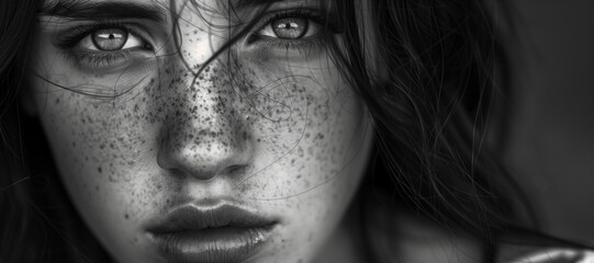 Close up black and white porrait of a teenager looking directly at the camera. She has dakr hair,, freckles and piercing eyes. A troubled teen but determined to survive on her own