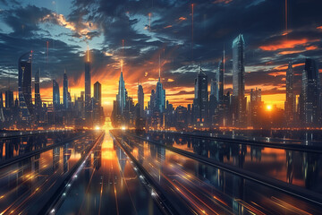Sunrise over the street of glass skyscrapers of the business city; futuristic architecture of a financial building Smart city and communication network concept. 5G telecommunication. Digital Landscape - obrazy, fototapety, plakaty
