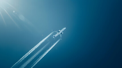 Plane with white flight path on blue background copy space : Generative AI
