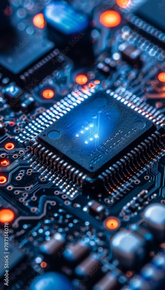 Poster computer hardware technology displayed on intricate electronic circuit board background