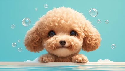 A cute and fluffy cavoodle dog sitting in the white bathtub filled with thick shampoo foam, isolated on light blue background.